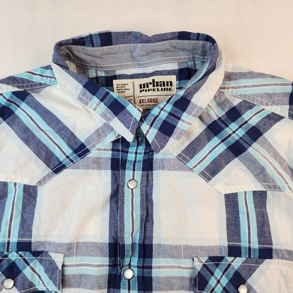 Urban Pipeline Pearl Snap Western Shirt Mens XXL Blue White Plaid Long Sleeve - Picture 1 of 8